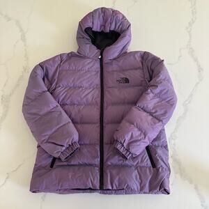 Girl's Purple down hooded reversible puffer coat, size XL gently worn